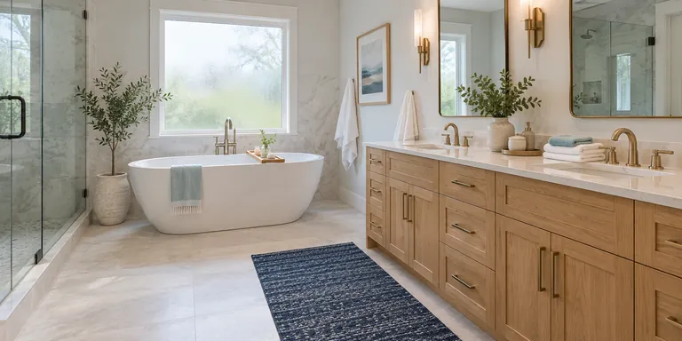 Fresh bathroom with bathtub and double vanity