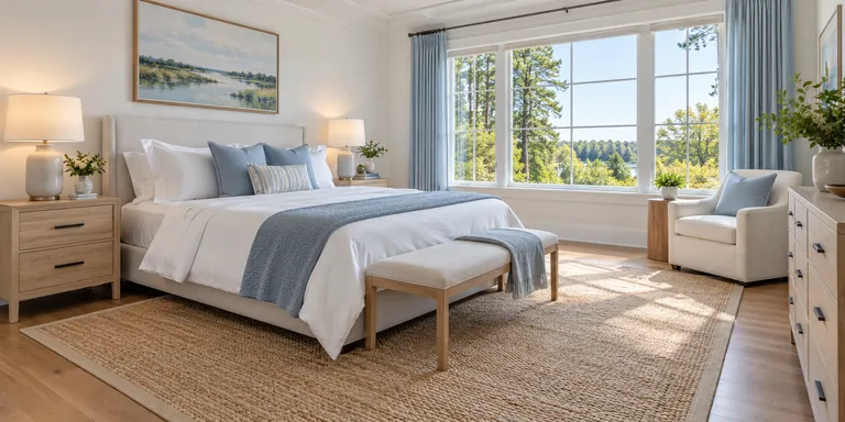 Neatly made bedroom with pale blue accents
