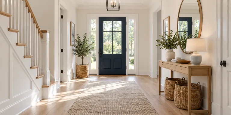 Clean entrance hallway with navy front door