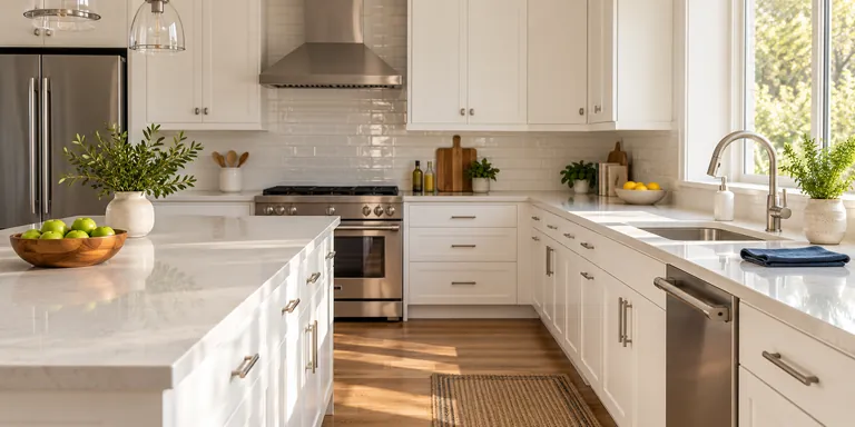 Clean white kitchen with quartz counters